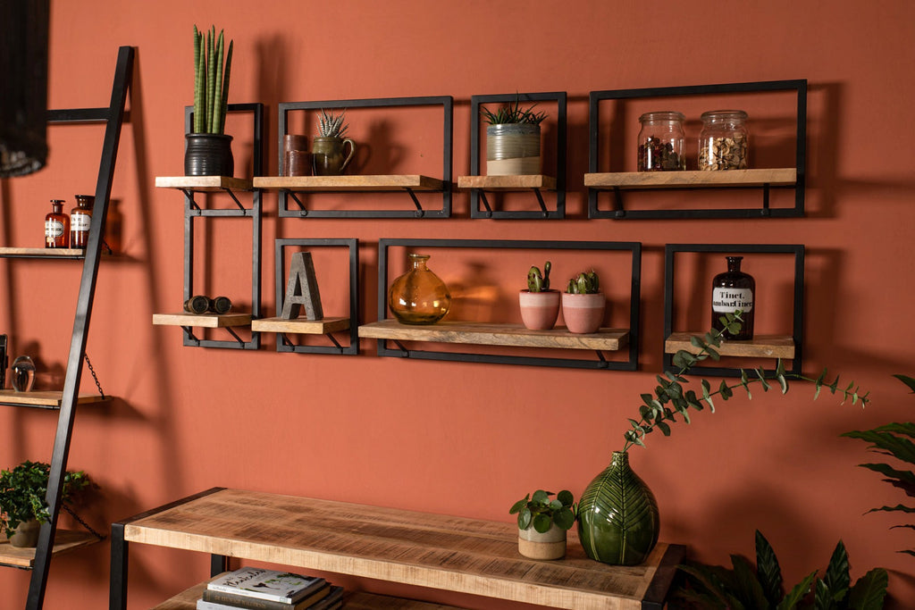 Moderne wandplanken op een terracotta muur, gedecoreerd met planten, potten, en decorstukken voor een huiselijke sfeer.