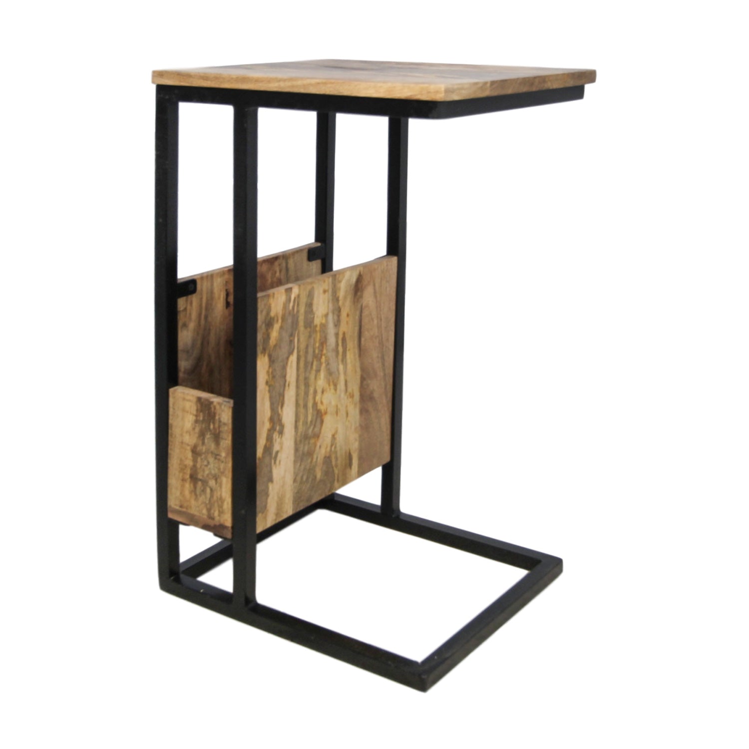 Moderne bijzettafel met metalen frame en houten blad, inclusief tijdschrifthouder van rustiek hout.