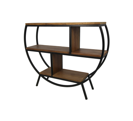 Halfronde houten kast met drie niveaus en metalen frame. Modern industrieel ontwerp, elegante uitstraling.