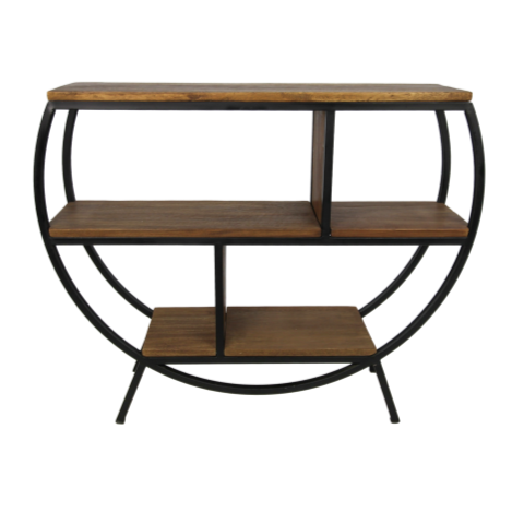 Ronde houten kast met drie planken, zwart metalen frame, eigentijds ontwerp voor woonkamerinrichting.