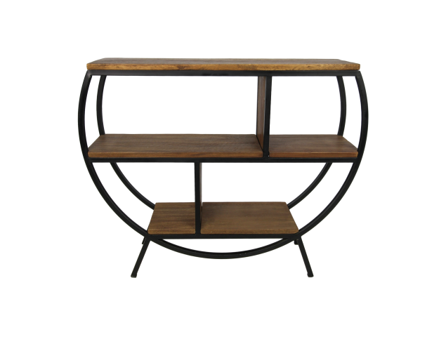 Halfronde houten plank met zwart metalen frame, drie niveaus, industrieel ontwerp.