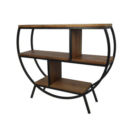 Halve ronde houten plankenkast met zwart metalen frame en drie planken, perfect voor moderne interieurs.