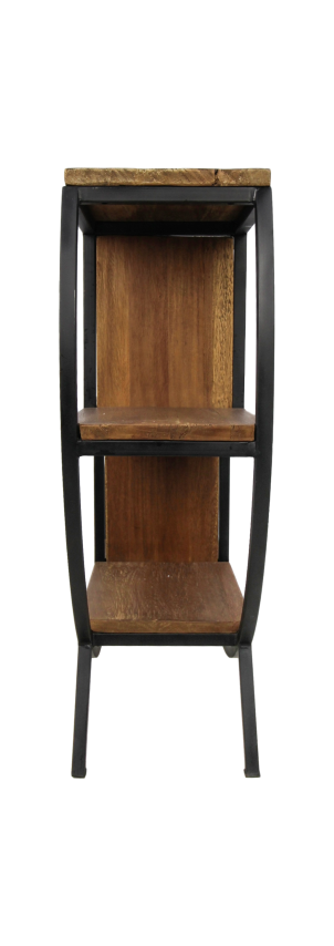 Houten kast met twee planken en metalen frame, industrieel ontwerp, geschikt voor diverse interieurs.