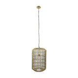 Gouden rotan hanglamp met cilindervormig ontwerp en gevlochten draad, hangend aan een zwarte kabel.