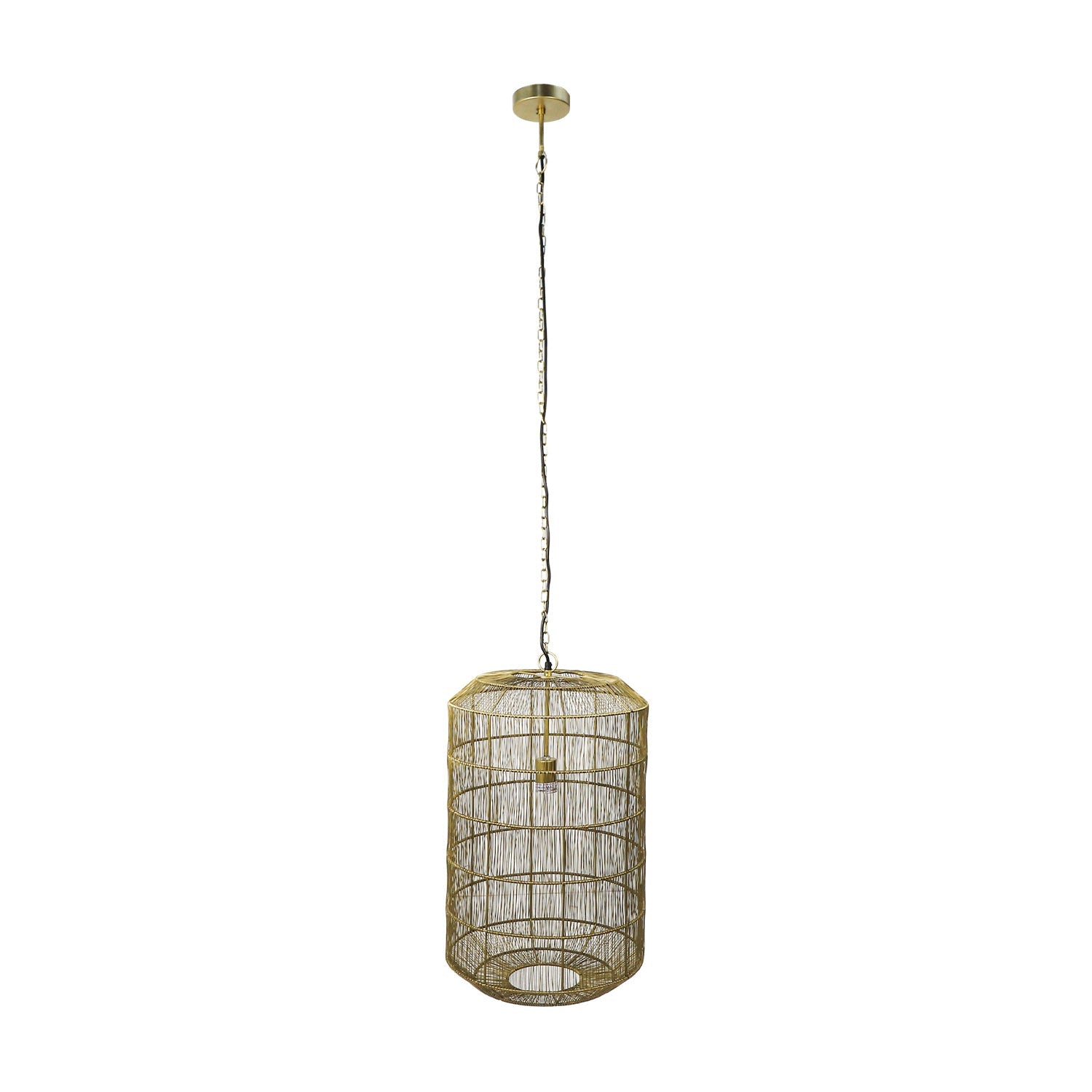 Gouden rotan hanglamp met cilindervormig ontwerp en gevlochten draad, hangend aan een zwarte kabel.