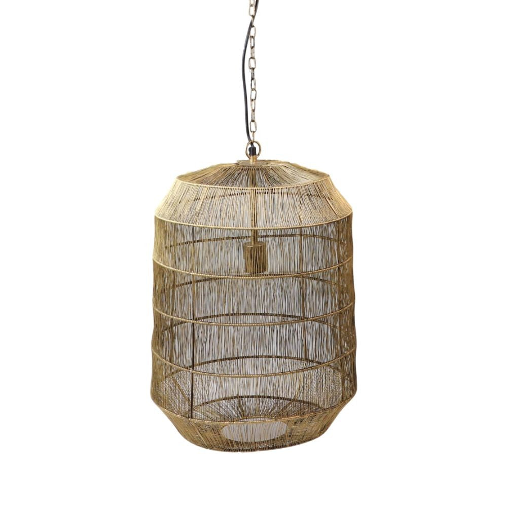 Grote, hangende houten houten lantaarn met een fijn, geweven open ontwerp en metalen ketting.