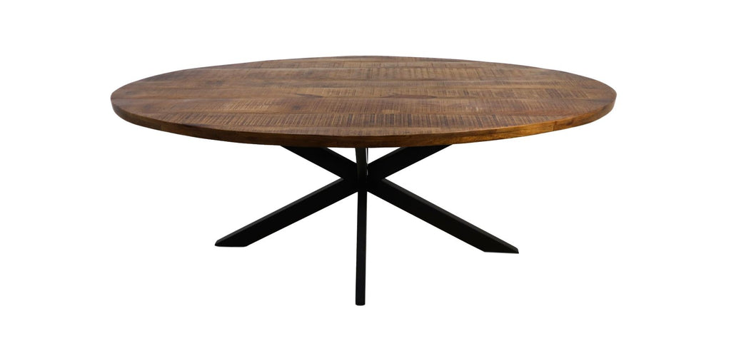 Ronde houten tafel met een donkerbruin blad en zwart metalen onderstel, minimalistisch en stijlvol ontwerp.