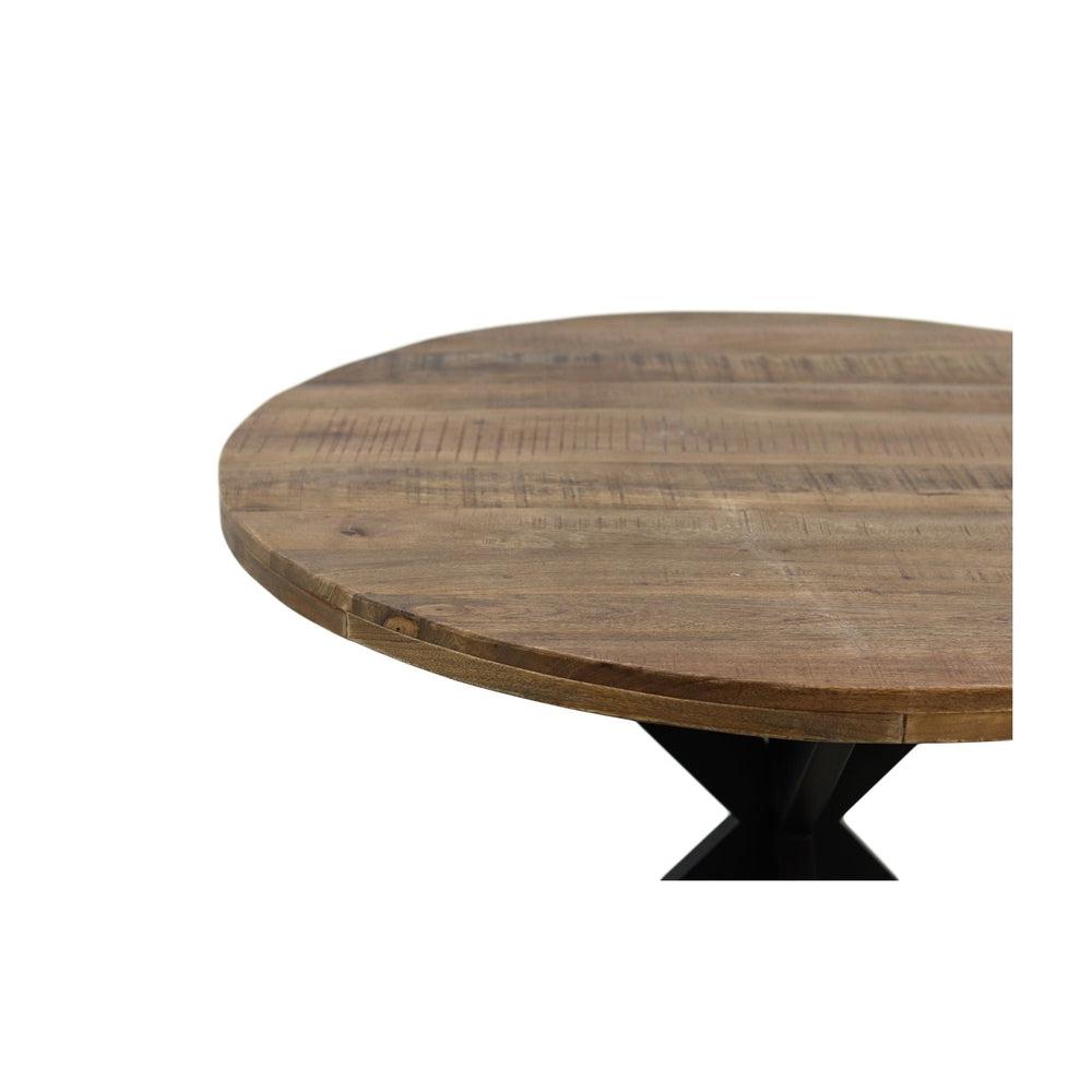 Rond tafelblad van rustiek hout met zichtbare nerf en grove textuur, op een zwart metalen onderstel.