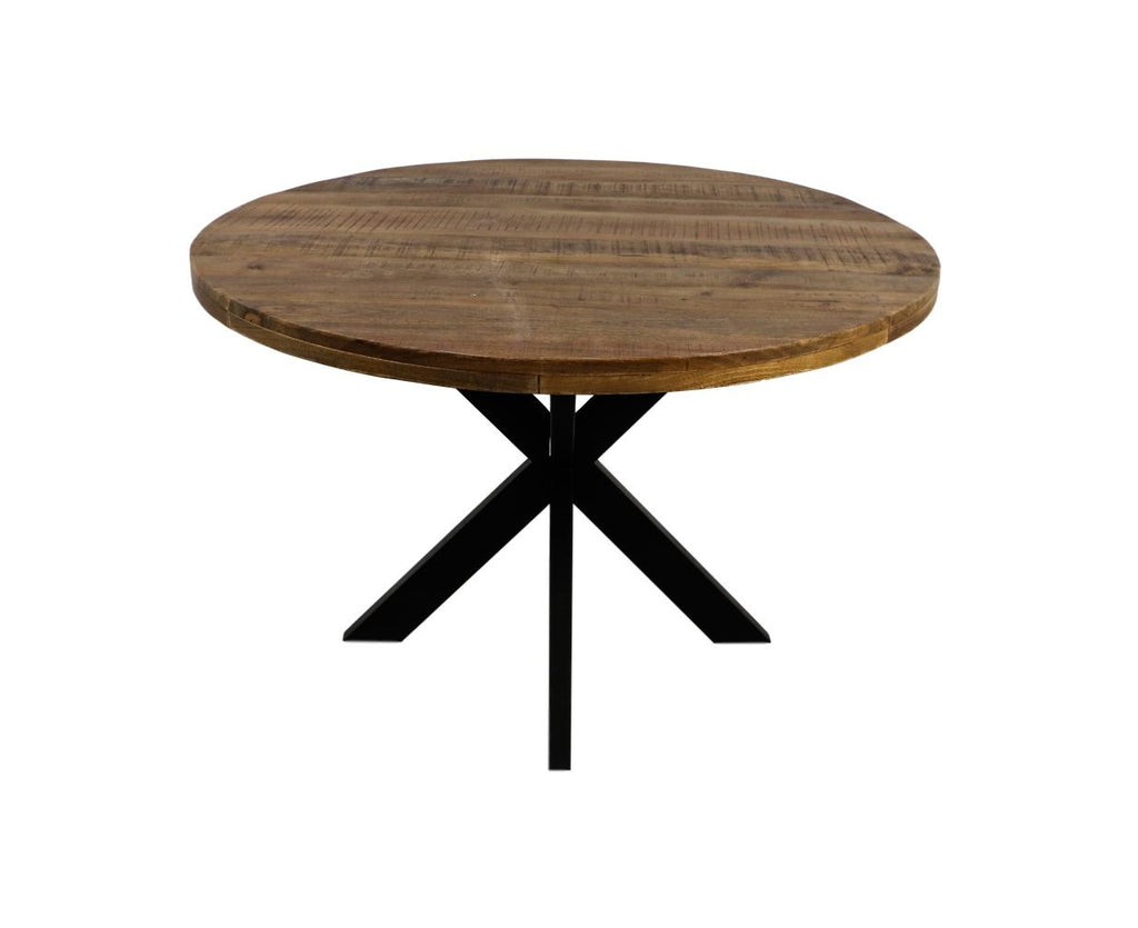 Ronde houten tafel met rustieke uitstraling en zwart metalen x-vormig onderstel, stijlvol en modern ontwerp.
