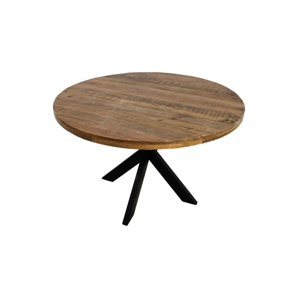 Ronde houten tafel met natuurlijke afwerking en zwart metalen X-vormige poot voor een moderne uitstraling.
