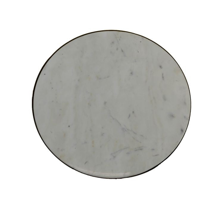 Rond marmeren tafelblad met subtiele grijze aders, elegant en minimalistisch design.