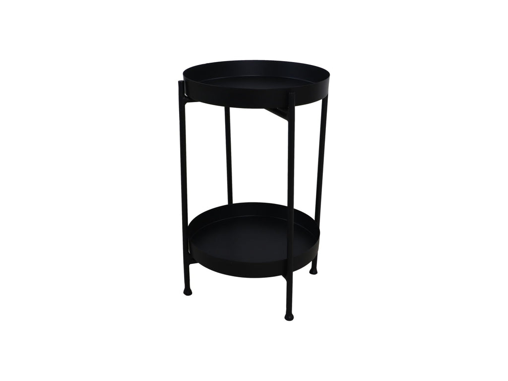 Zwart metalen bijzettafeltje met twee ronde bladen, minimalistisch en modern van ontwerp.