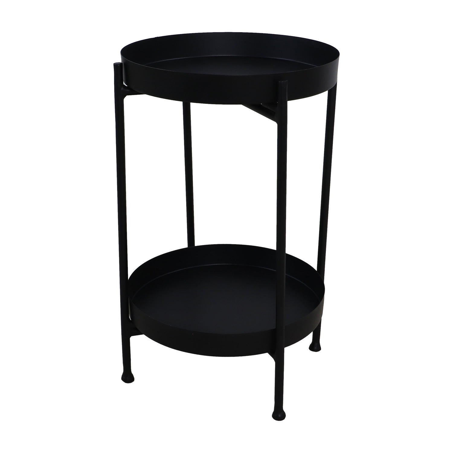 Ronde zwarte metalen bijzettafel met twee niveaus en slanke poten, modern en minimalistisch ontwerp.