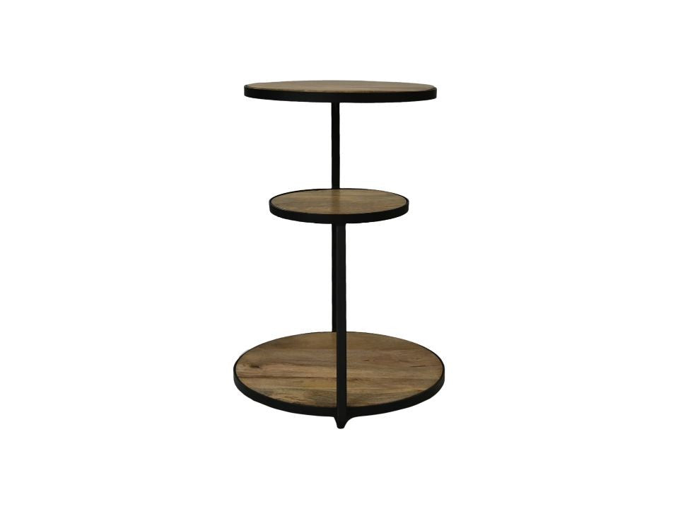 Rond houten drielaags bijzettafeltje met zwart metalen frame, minimalistisch ontwerp op witte achtergrond.