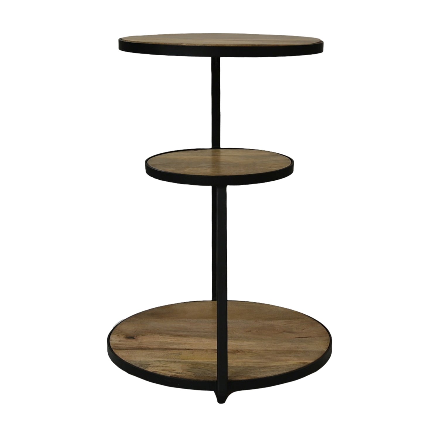 Drie verdiepingen houten bijzettafel met zwart metalen frame, minimalistisch en eigentijds ontwerp.