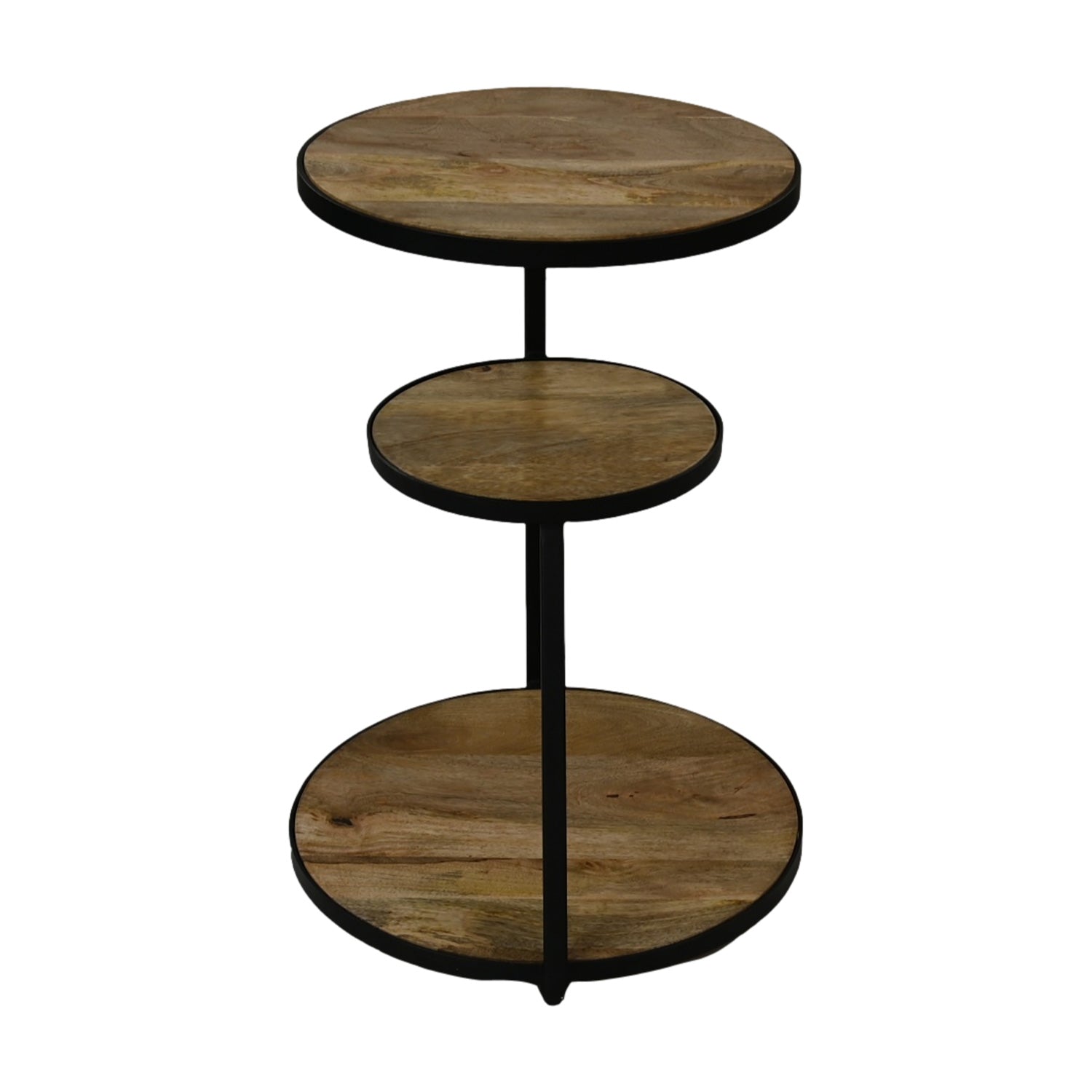 Ronde bijzettafel met drie houten bladen en zwart metalen frame, minimalistisch industrieel ontwerp.