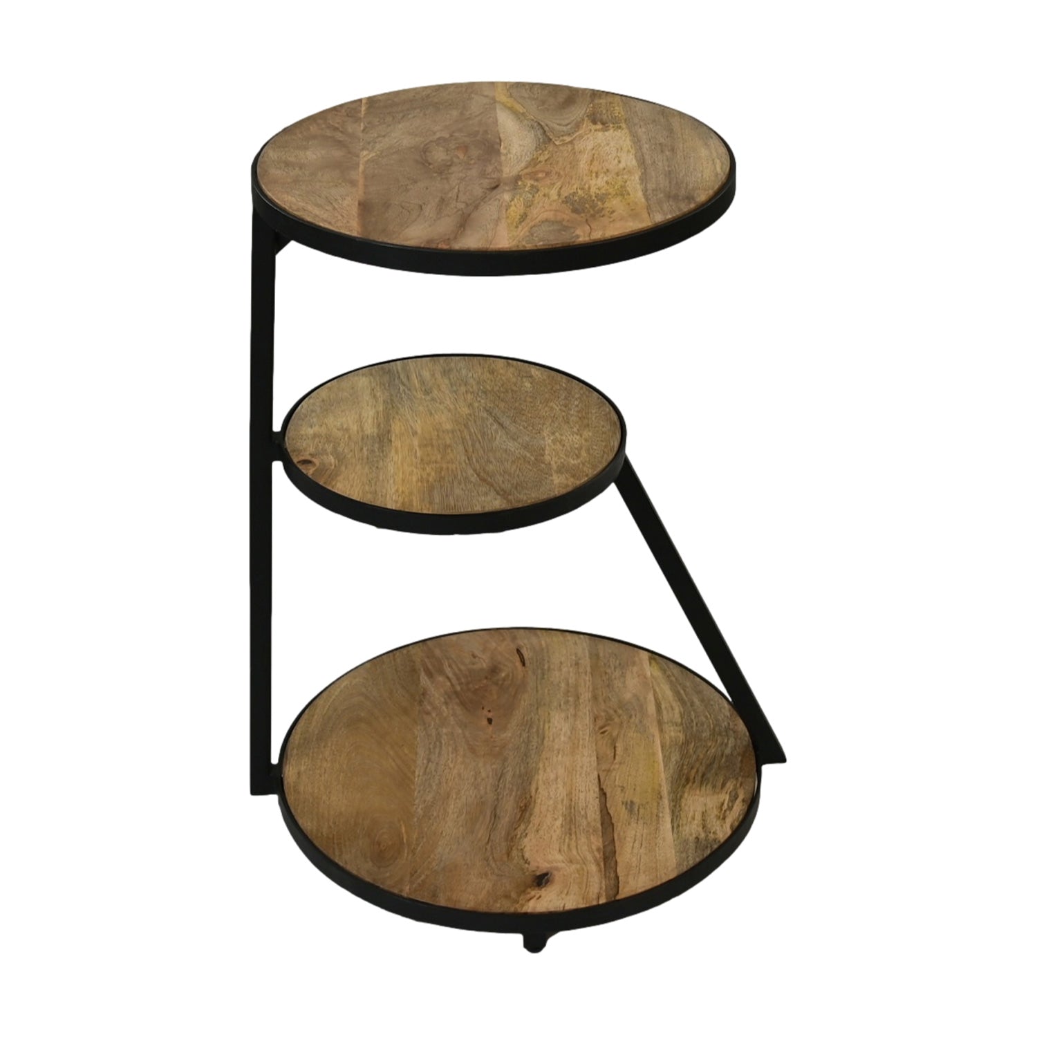 Stijlvolle houten bijzettafel met drie ronde planken en een zwart metalen frame, modern en functioneel ontwerp.