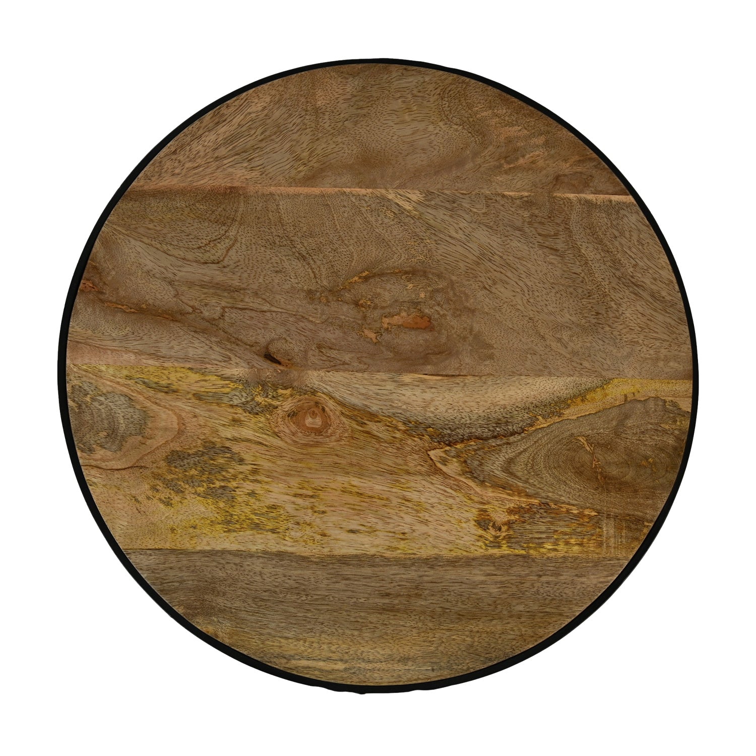 Rond houten tafelblad met natuurlijke houtnerven en variërende bruine tinten, afgewerkt met zwarte rand.