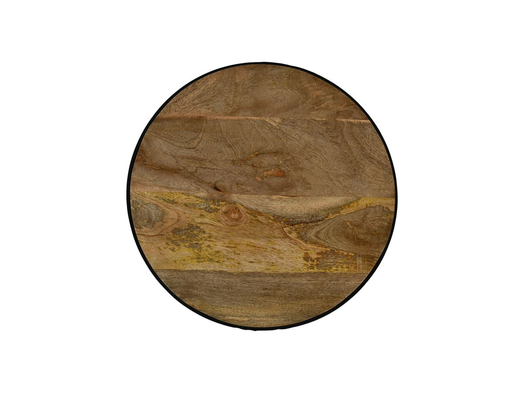 Ronde houten decoratieve plank met natuurlijke houtstructuren en patronen, omrand met een donkere rand.
