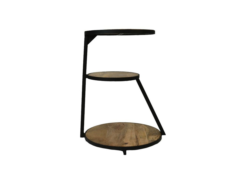 Minimalistisch industrieel bijzettafeltje met drie ronde houten planken en zwart metalen frame.
