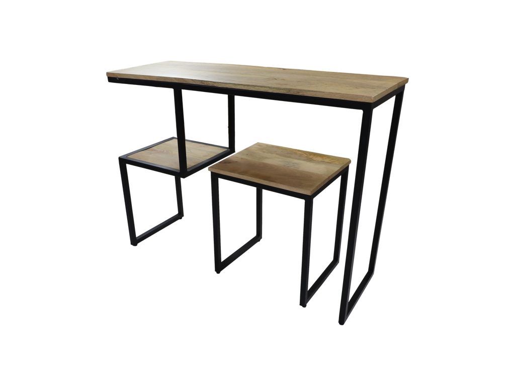 Minimalistisch houten bureau met asymmetrisch metalen frame en twee zwevende planken.