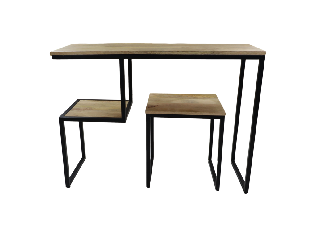 Elegant houten bureau met modern, zwart metalen frame en twee geïntegreerde houten planken.
