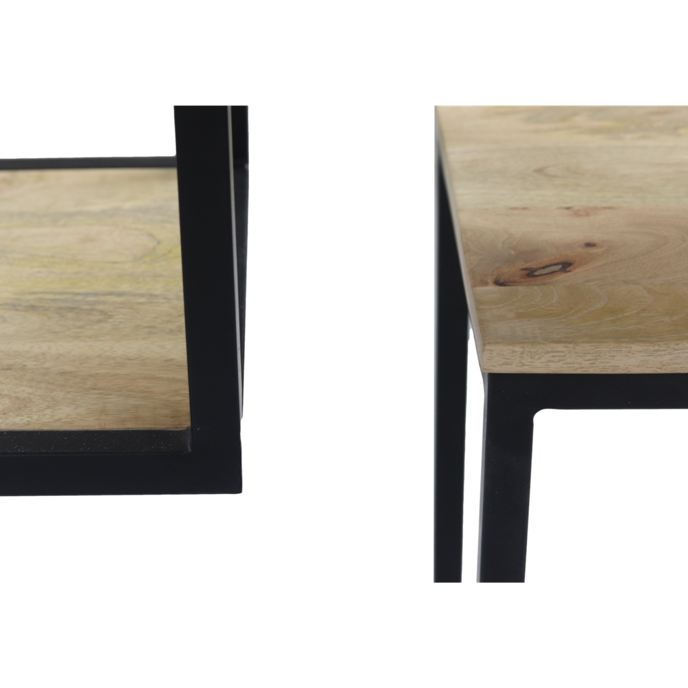 Houten tafelblad met zichtbare houtnerven, ondersteund door slanke zwarte metalen poten, minimalistisch design.