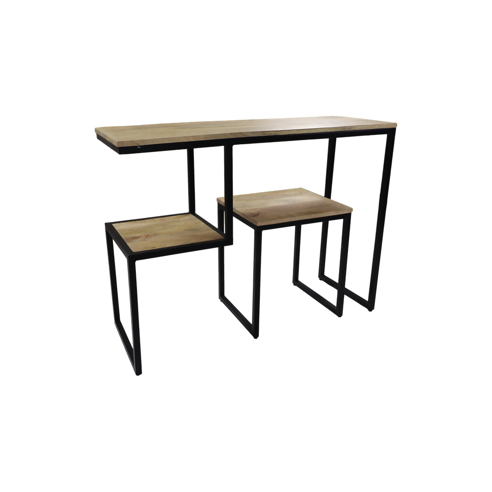 Moderne bijzettafel set met houten bladen en zwart metalen frame, asymmetrisch design met meerdere niveaus.