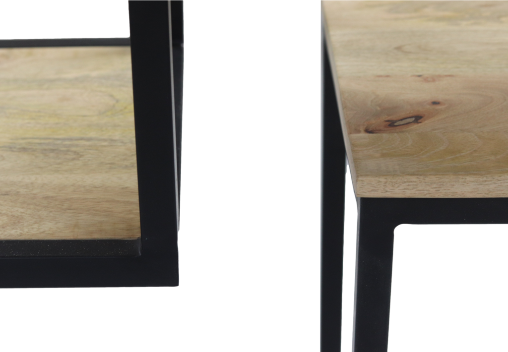 Houten tafelblad met natuurlijke houtnerven op zwart metalen frame, modern industrieel ontwerp.
