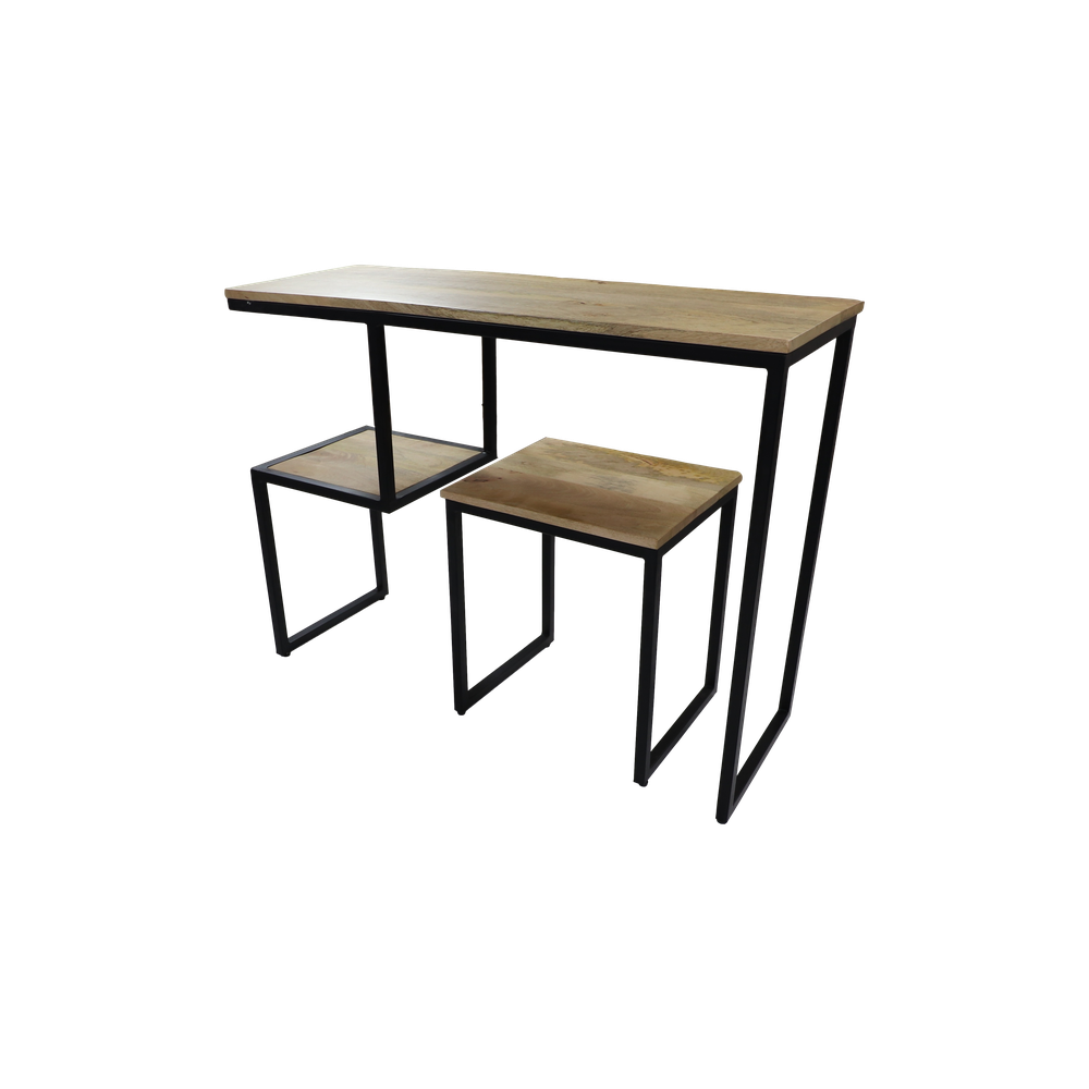 Minimalistische houten bartafel met zwarte metalen poten en bijpassende krukken, industrieel ontwerp.