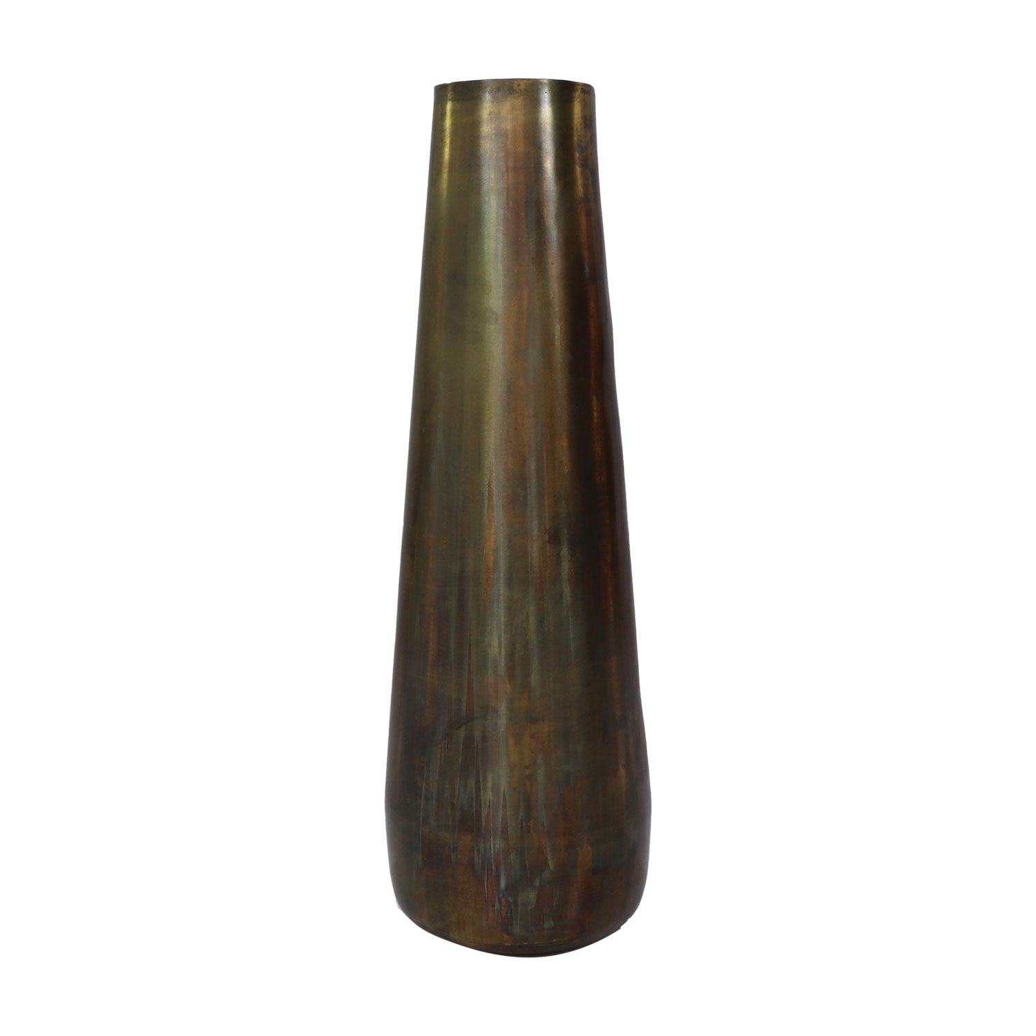 Hoge bronzen vaas met een glanzend, gepatineerd oppervlak en een lichte, taps toelopende vorm.