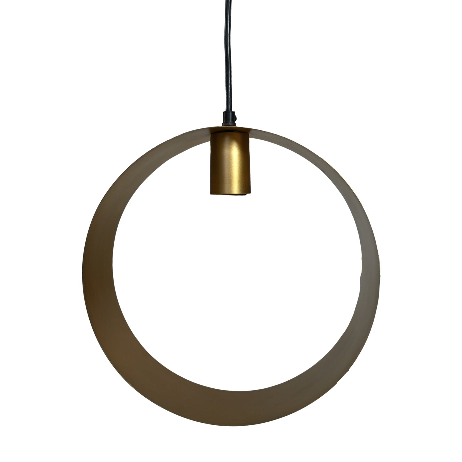 Gouden ringvormige hanglamp met een minimalistisch ontwerp, elegante afwerking en zwarte snoerophanging.