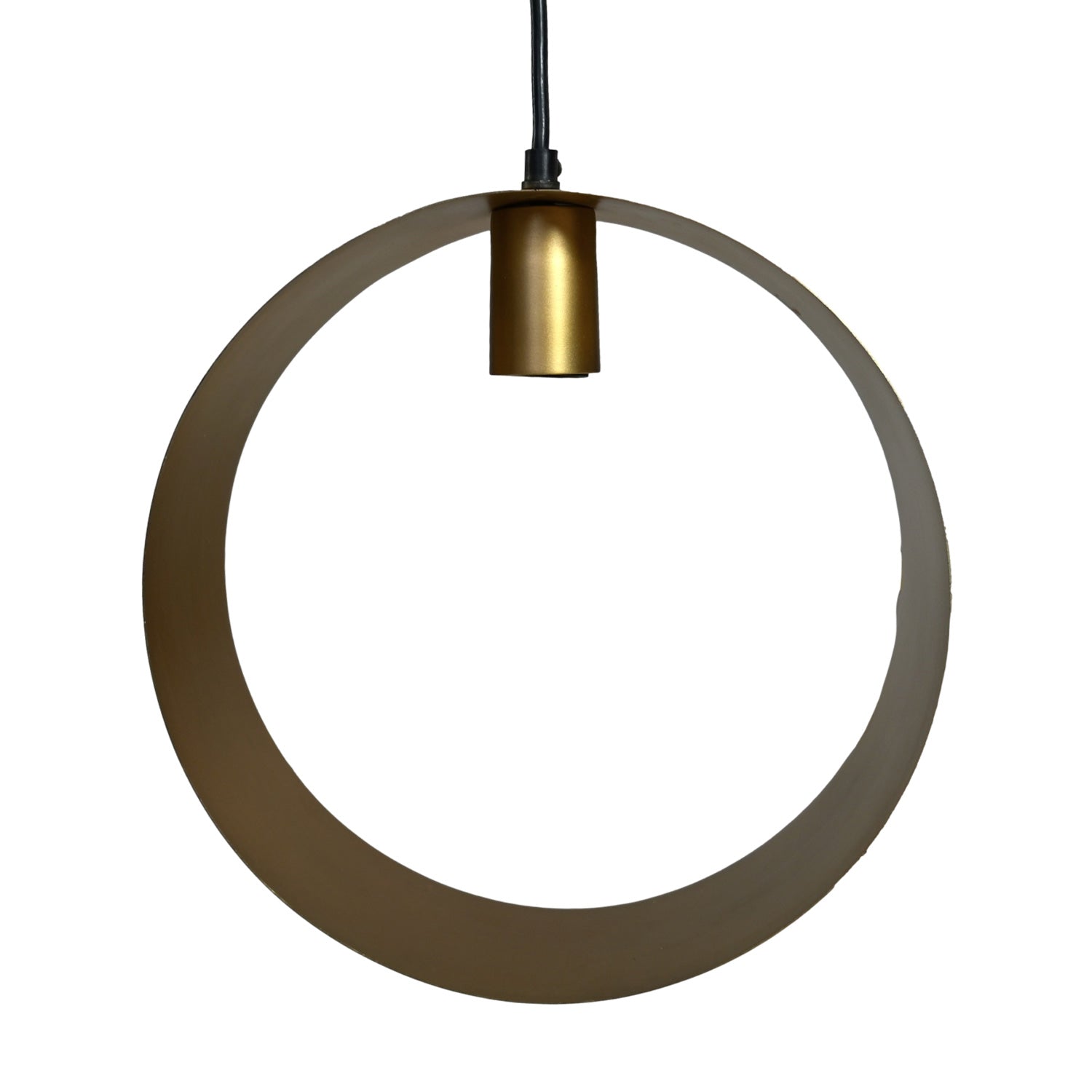 Ronde hanglamp met een moderne matte goudkleurige afwerking en minimalistisch ontwerp, hangend aan een zwarte kabel.