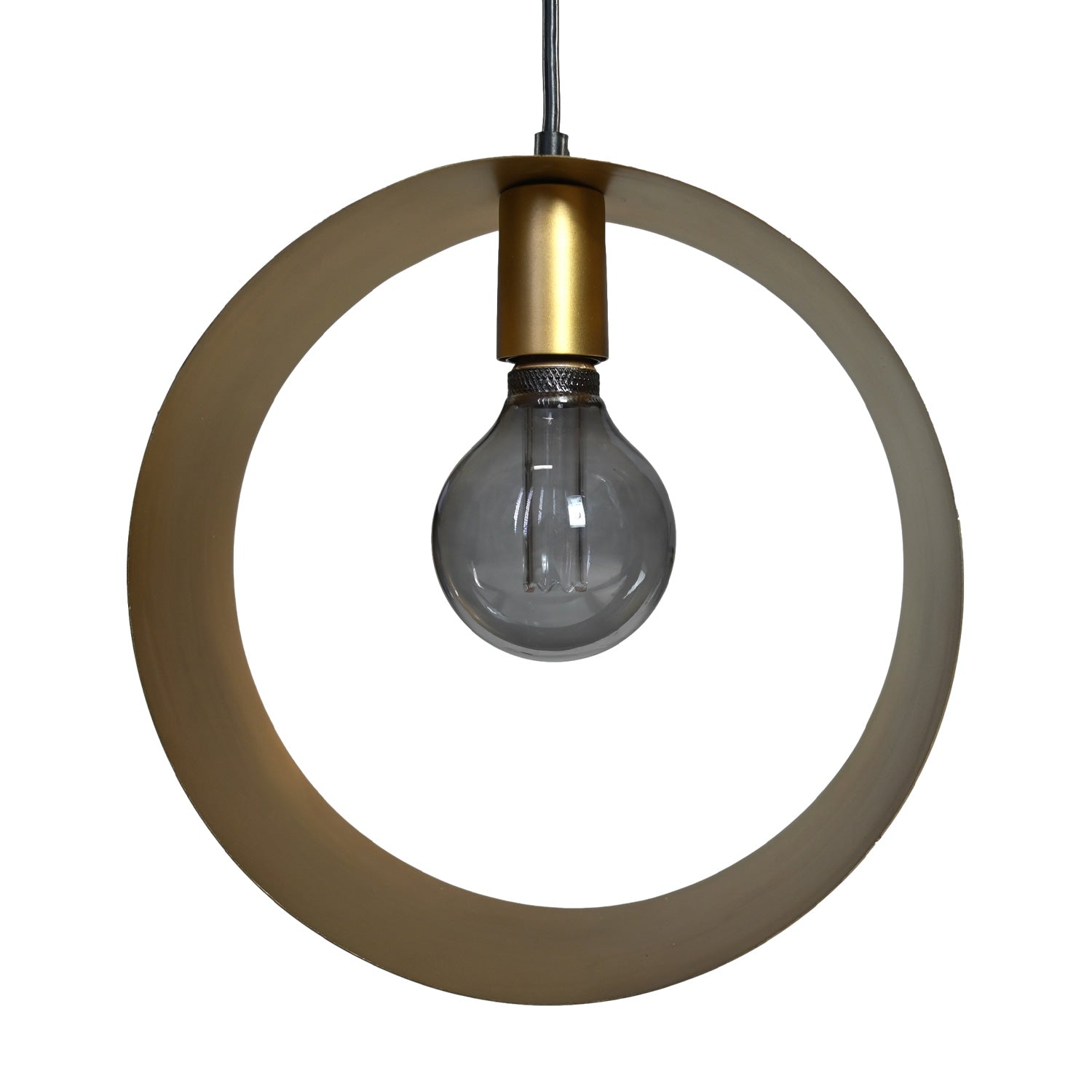 Gouden hanglamp met een grote glazen gloeilamp in het midden, omringd door een elegante, ronde ring.