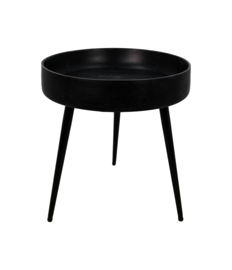 Zwart bijzettafeltje met ronde plateau en drie slanke poten, minimalistisch ontwerp.