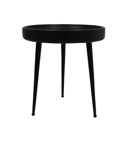Ronde, zwarte metalen bijzettafel met drie taps toelopende poten, minimalistisch design.