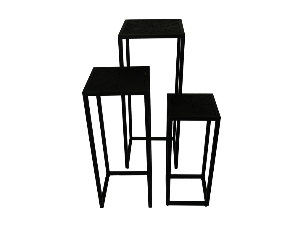 Set van drie zwarte metalen plantenstandaarden van verschillende hoogtes in minimalistisch ontwerp.