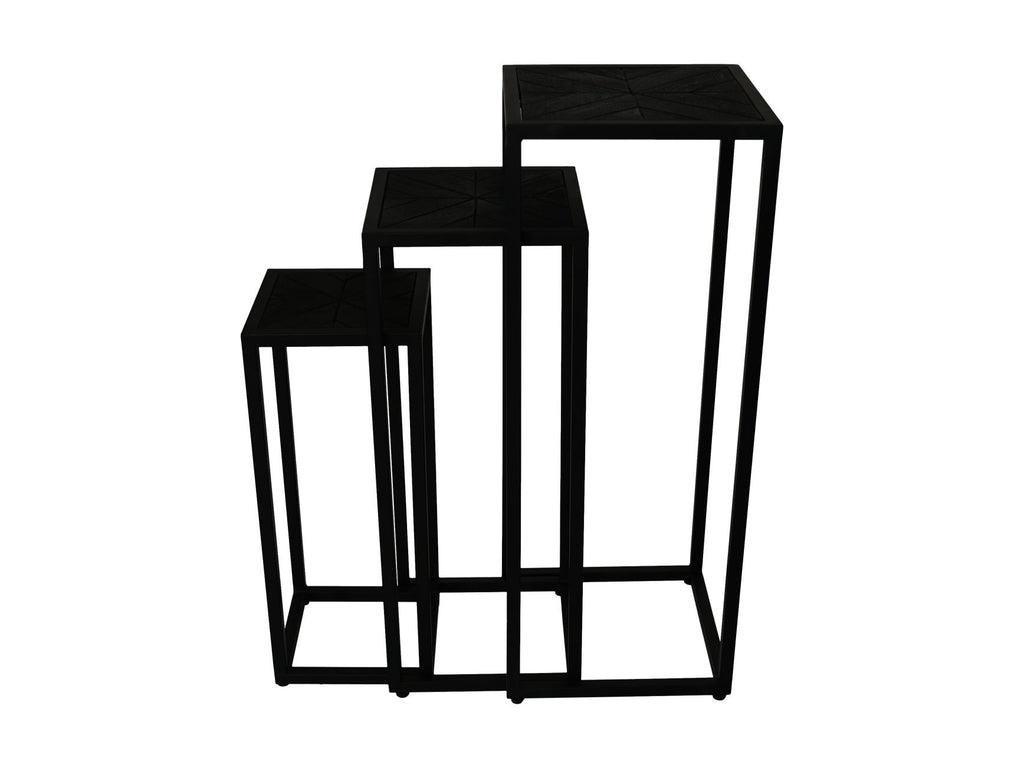 Drie zwarte metalen plantenstandaards van verschillende hoogtes, strak en modern ontworpen.