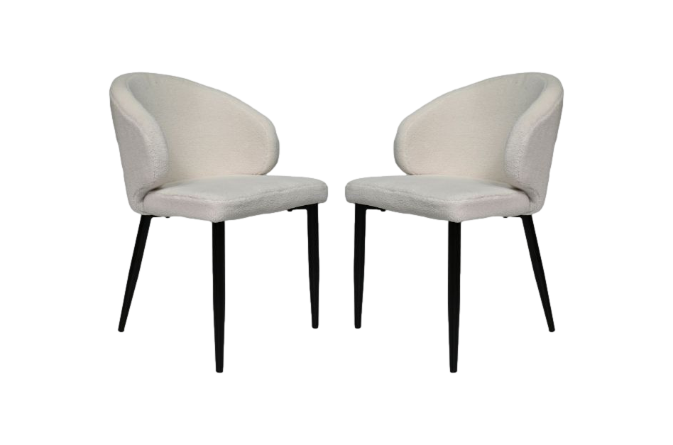 Twee moderne, crèmekleurige stoelen met ronde rugleuning en zwarte poten, stijlvol en minimalistisch design.