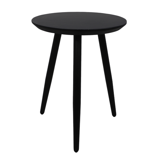 Zwart bijzettafeltje met ronde bovenkant en drie slanke, taps toelopende poten in een minimalistisch design.