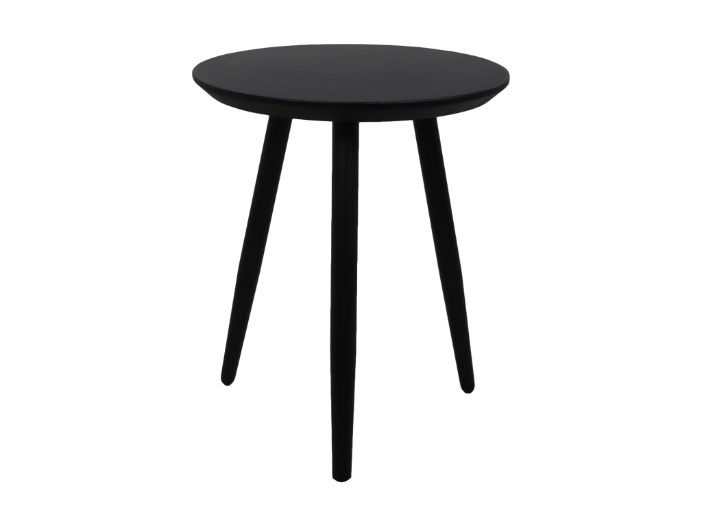 Stijlvolle, zwarte, ronde bijzettafel met drie slanke poten, minimalistisch design voor moderne interieurs.