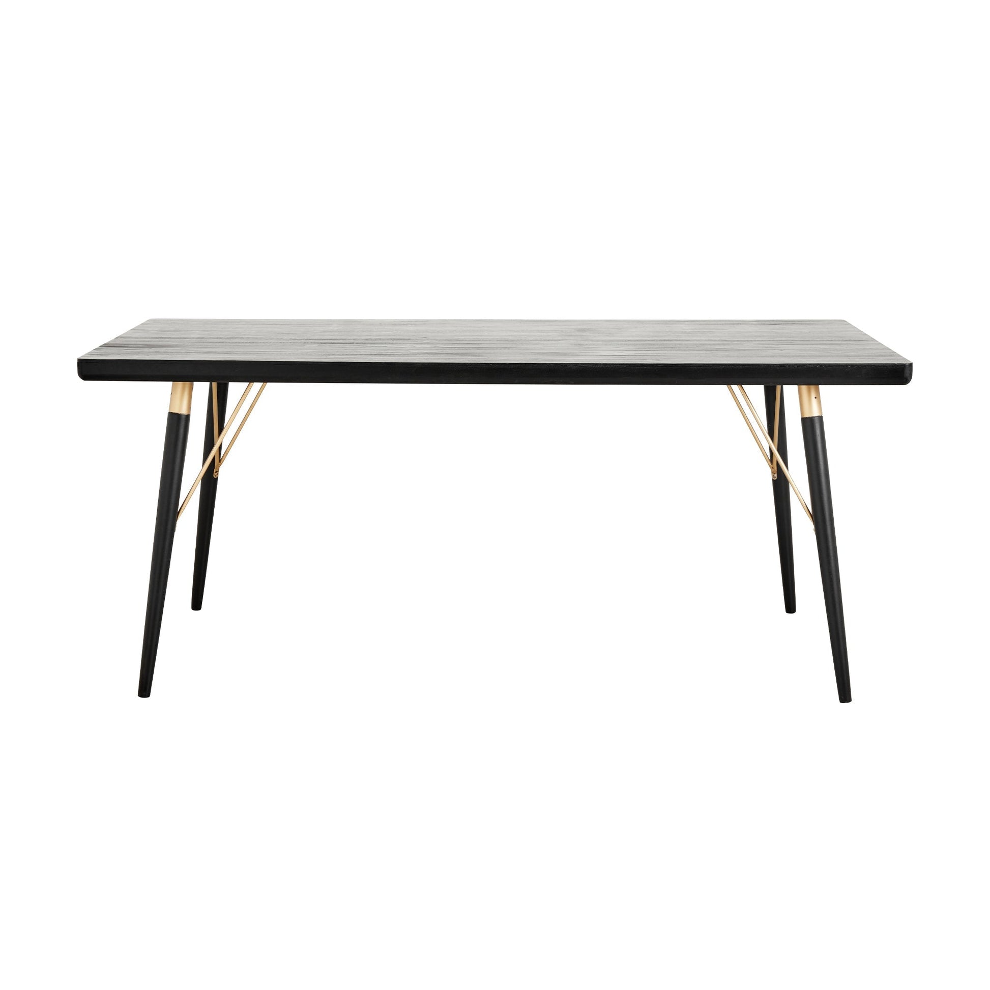 Stijlvolle zwarte eettafel met een glad oppervlak en goudkleurige details op de slanke poten.