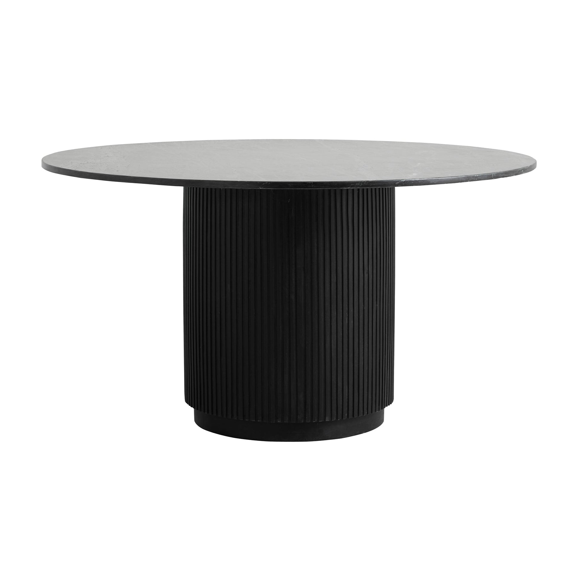 Moderne ronde tafel met zwarte ribbelstructuur cilindervormige basis en glad marmeren tafelblad.