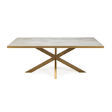 Rechthoekige tafel met marmeren blad en goudkleurige kruispoot, elegant en modern ontwerp.