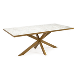 Rechthoekige tafel met marmeren blad en goudkleurig, kruiselings metalen onderstel.