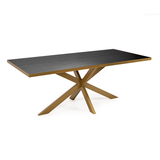Zwarte rechthoekige tafel met goud metalen kruispoot, modern en stijlvol ontwerp op witte achtergrond.