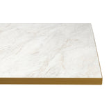 Marmeren tafelblad met lichte aders en een beige rand, strakke en moderne uitstraling.