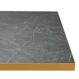 Donkergrijs marmeren tafelblad met subtiele witte aders en een gouden rand, moderne uitstraling.