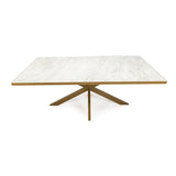 Rechthoekige marmeren tafel met een elegante goudkleurige kruisvoet, minimalistisch en modern ontwerp.