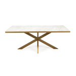 Rechthoekige marmeren tafel met sierlijke goudkleurige X-vormige poten, strak en modern ontwerp.